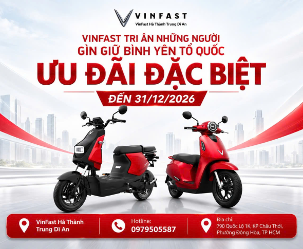 Ưu đãi xe máy điện VinFast Dĩ An 2026 – Xem chính sách đến 31/12/2026